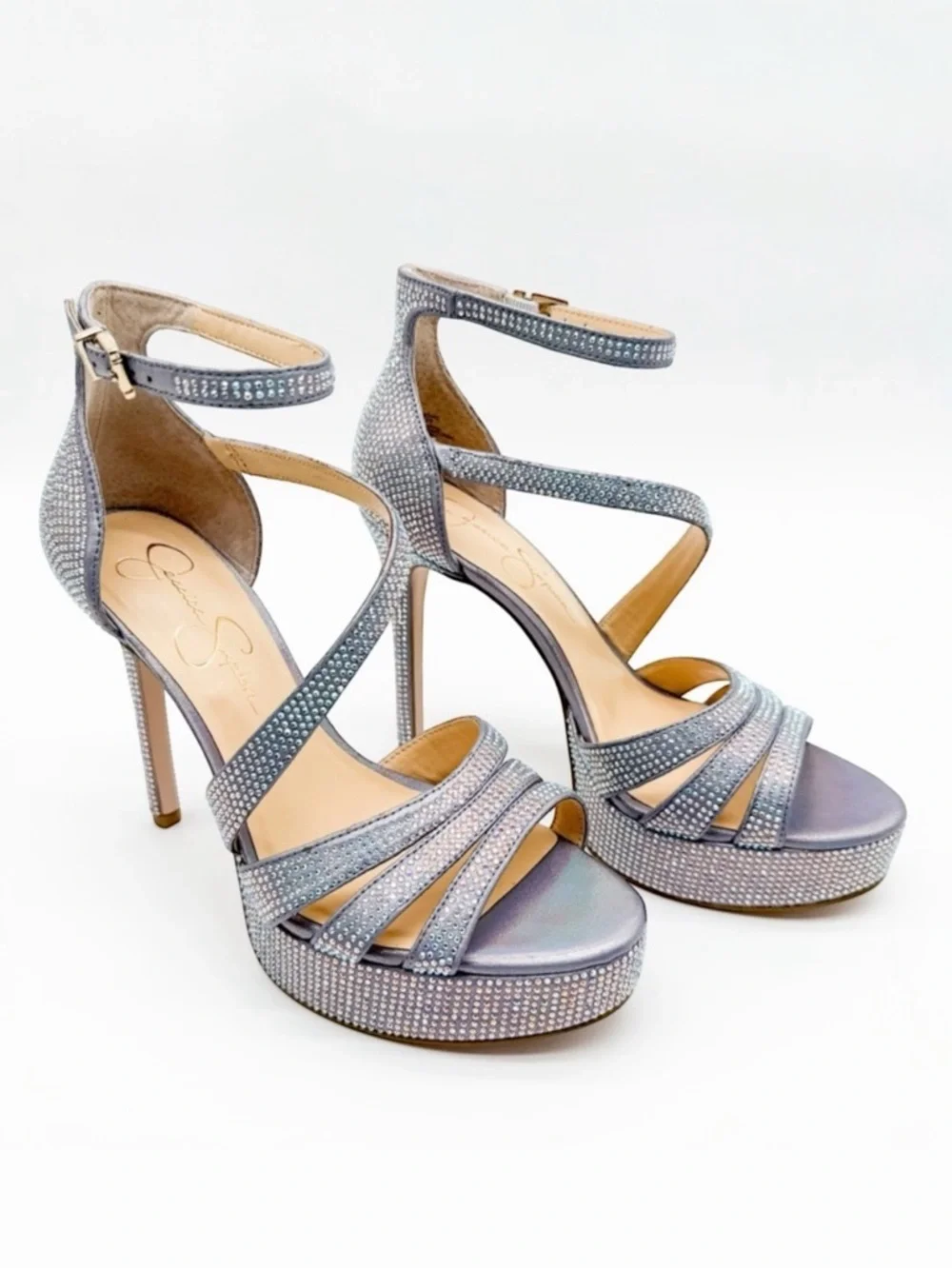 Jessica Simpson Shyremin Rhinestone Platform Stiletto Sandals Silver Glam 8 NEW